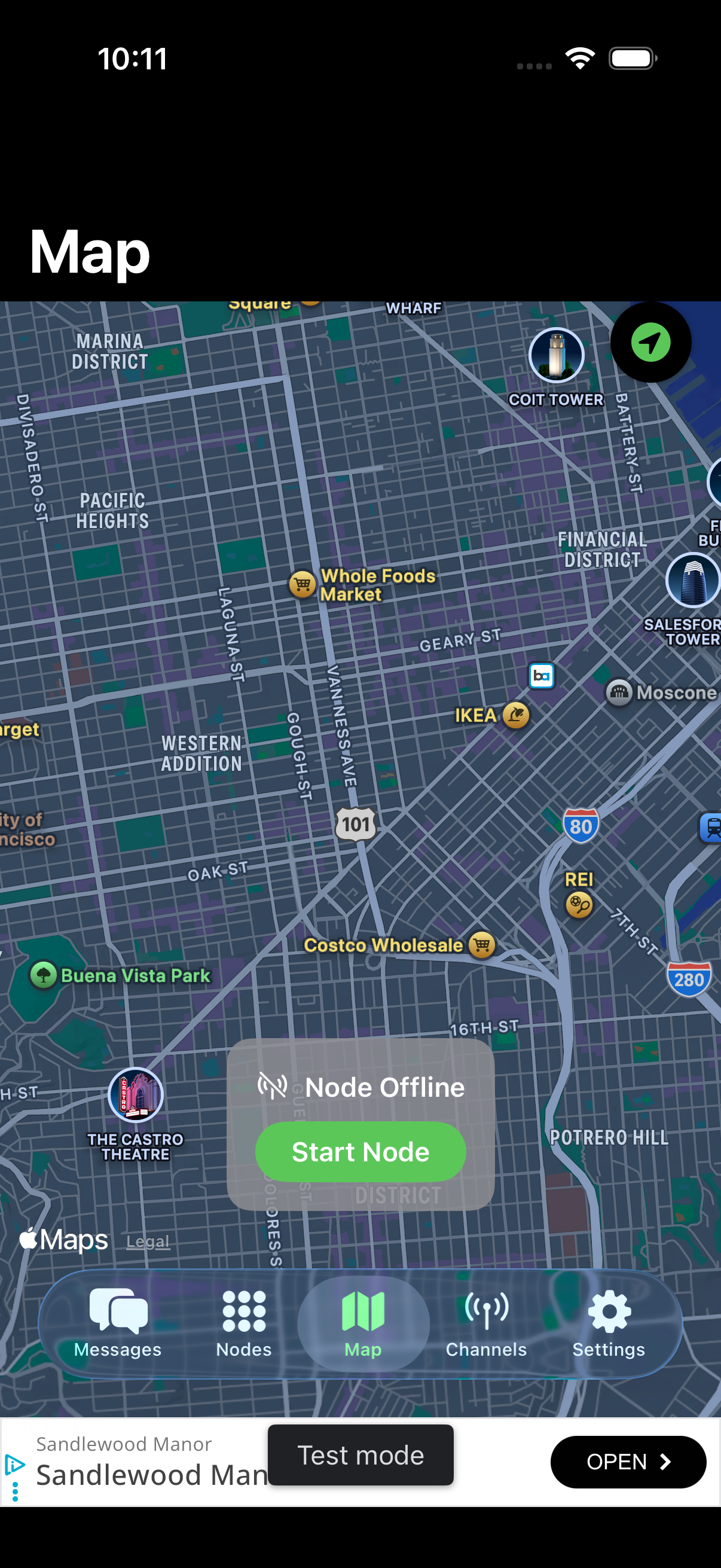 Map view showing GPS-sharing nodes