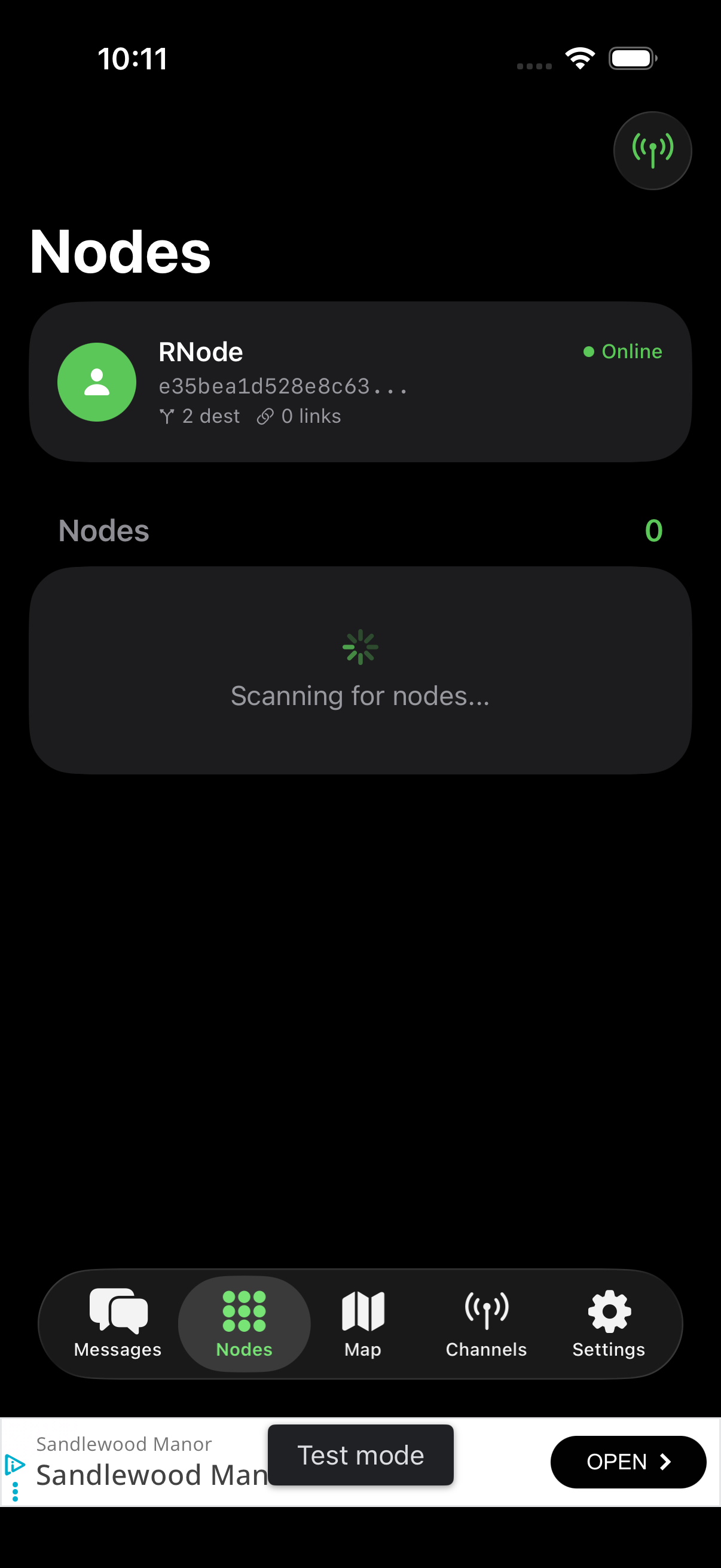 Nodes screen showing discovered mesh peers